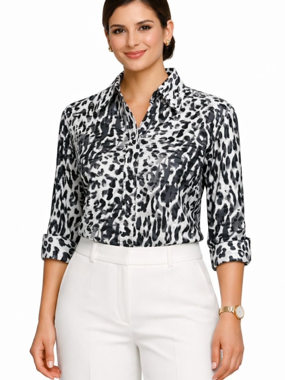 Jones New York Signature  Animal Print Long Sleeve Cotton  Button Down Shirt L